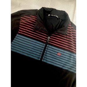 Travis Mathew Sweater Mens Medium Black /Red/Blue 1/4 Zip Golf Pullover Pockets